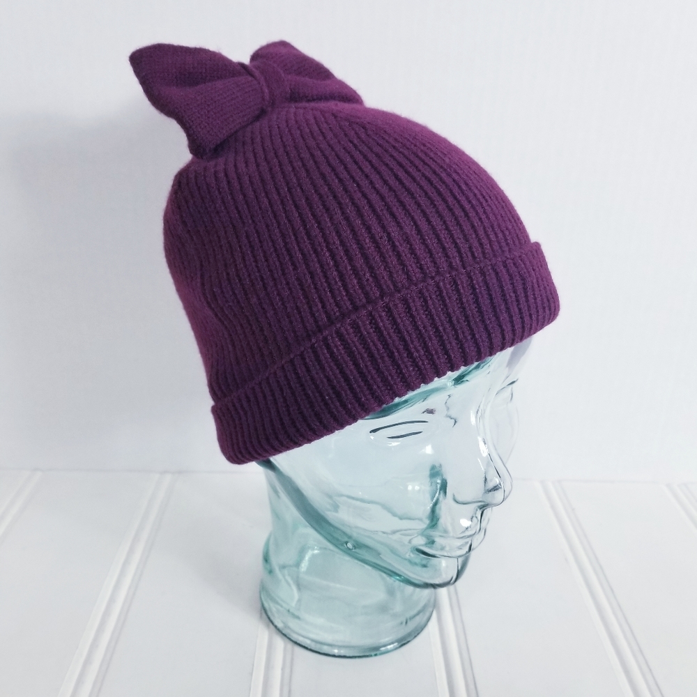 NWT Kate Spade New York Bow Beanie OS Ribbed Wool Blend Winter Hat Burgundy Plum